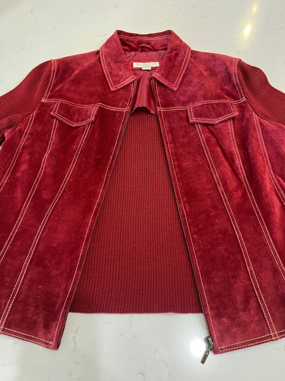 Coldwater Creek Burgundy Deep Red Leather Jacket Rib Knit Sleeve Mixed Media - Picture 4 of 9